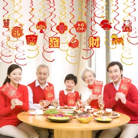 mortd 12Pcs Chinese New Year Hanging Swirls and 12Pcs Double Swirls, Year of The Snake 2025 Hanging Decorations, Ceiling Ornaments for Spring Festival Lunar New Year Decor Party Supplies