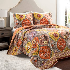 Lush Decor Bohemian Flower Reversible Oversized 3 Piece Cotton Quilt Set, Full/Queen, Tangerine & Lilac