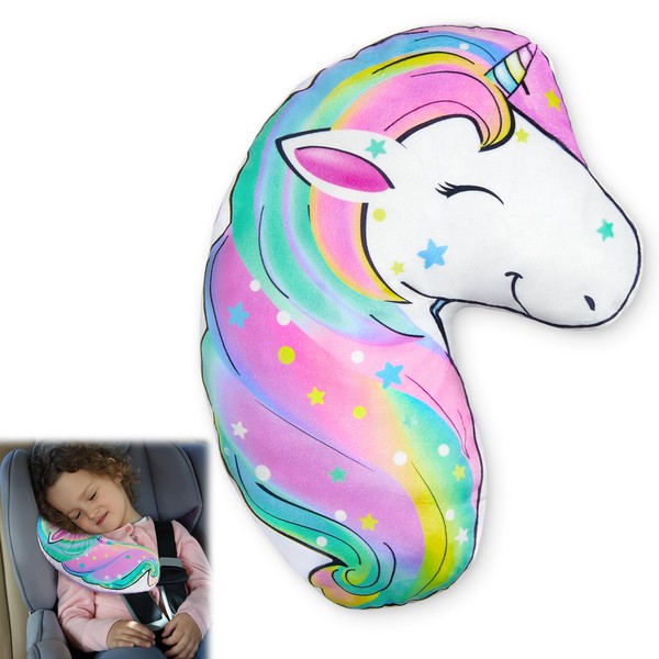 MHJY Seat Belt Pads for Kids Car Seatbelt Strap Cover Unicorn Travel Pillow Girls Head Support Shoulder Protector Harness Pad Cute Car Cushion for Boys Toddler Adult