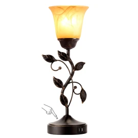 Touch Control Table Lamp with 2 USB Charging Ports, 3-Way Dimmable Bedside Nightstand Lamps, Amber Glass Shade Vintage Rural Leaf Lamp for Living Room, Bedroom, Dresser, LED Bulb Included (Bronze)