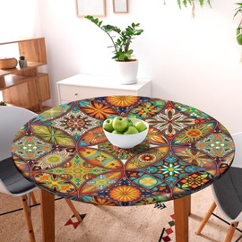 Round Fitted Tablecloth with Elastic Round Outdoor Tablecloths Fitted Table Covers for Tables Waterproof Reusable Vinyl Tablecloth for Indoor and Outdoor (36-40in)