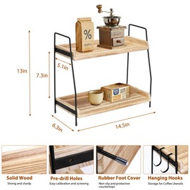Honlibey 2 Tier Coffee Bar Organizer for Countertop, Wooden Coffee Station Organizer with 2 Cup Hooks, Countertop Organizer for Bathroom, Kitchen, Coffee Bar, Holiday Decorations