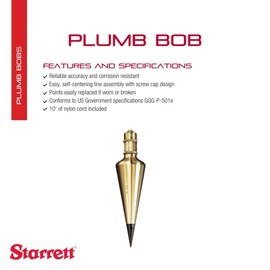 Starrett Solid Brass Plumb Bob with Replaceable, Hardened Steel Points and 10' Nylon Cord for Layout Work, Construction and Surveying - 16oz. Weight - PBB-16