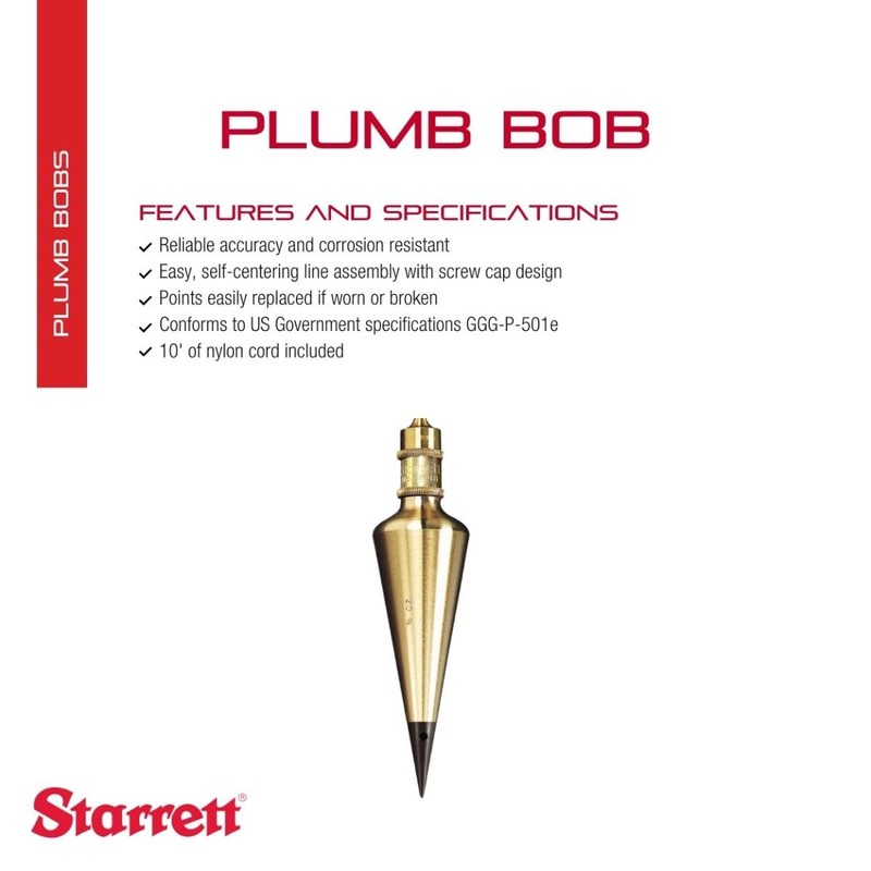 Starrett Solid Brass Plumb Bob with Replaceable, Hardened Steel Points
