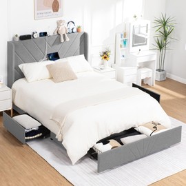 COMHOMA Queen Bed Frame with 3 Storage Drawers, Bed Frame Queen Size with Upholstered Headboard, USB Charging Stations and Type-C Port, Noise-Free/Full Metal Support/No Box Spring Needed, Grey