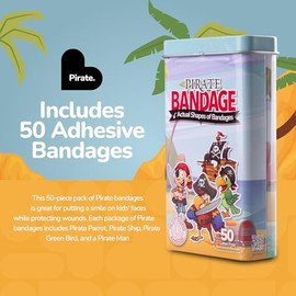 BioSwiss Vendas, vendas autoadhesivas con forma de pirata, sin látex, estériles, para el cuidado de heridas, divertidos suministros de botiquín de primeros auxilios para niños y adultos, 50 unidade