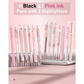Four Candies Writing Ink Pens with Black & Pink Ink and 2Pack Highlighter, Cute Retractable 0.5mm Smooth Writing Pens,Pink Pens for School, Office Girly Stationery Aesthetic Desk Accessories Set of 14