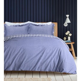 Sleepdown Gingham Check Blue Plain Reverse Soft Easy Care Duvet Cover Quilt Bedding Set With Ruffle Edge Pillowcase - Single (135cm x 200cm)
