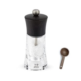 Peugeot - Oleron Manual Mill - Transparent Adjustable Grinder - Acrylic and Beechwood, Chocolate, 5.5 Inches - With Wooden Spice Scoop Spoon (Salt Mill)