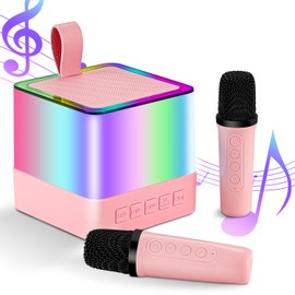 Mini Karaoke Machine for Kids - Portable Bluetooth Speakers with 2 Karaoke Microphones - Birthday Present Gifts for Age 4-11 Year Old Girls Singing Sound Karaoke Toys (Pink)