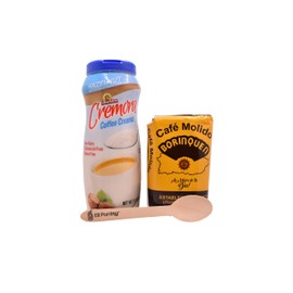 Borinquen Ground Coffee 8 Oz, Cremora Original Coffee Creamer 15 Oz, Non-Dairy, Wooden Spoon (15 Oz, Hazelnut)