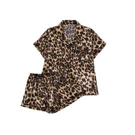 SHENHE Women's 2 Piece Satin Pajama Set Leopard Short Sleeve Button Down Pj Shorts Set Brown Medium