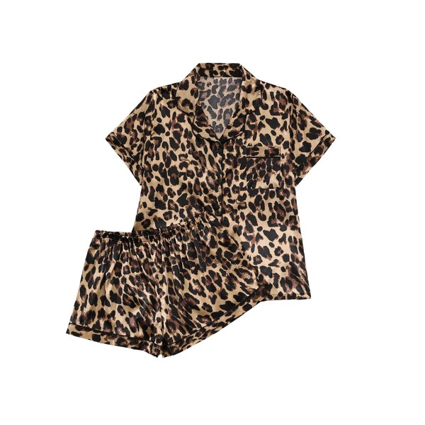 SHENHE Women's 2 Piece Satin Pajama Set Leopard Short Sleeve