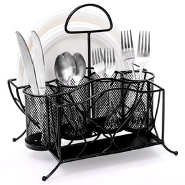 Bekith Silverware Caddy Paper Plate Napkin Holder, Utensil Caddy with Handle, Countertop Flatware Caddy Portable Cutlery Storage Organizer for Kitchen, Picnic, Camping, Party, Metal Mesh, Black