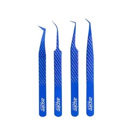 4 Pcs Fiber Tip Eyelash Extension Tweezer Professional Diamond Grip Japanese Stainless Steel for Volume & Mega Volume Lashes (Blue)