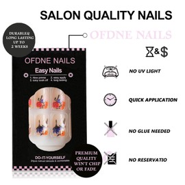 French Tip Press on Nails Medium Square OFDNE Flower Fake Nails False Nails with Colorful Floral Designs Nude Glossy Glue on Nails French Manicure Acrylic Nails for Women Girls 24Pcs
