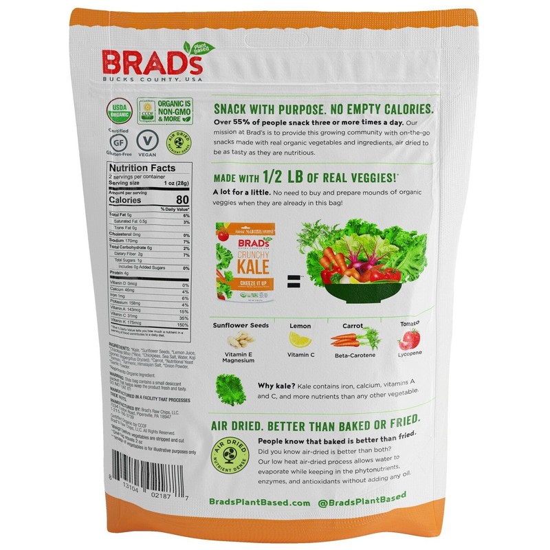 Brad's Plant Based Organic Crunchy Kale, Cheeze It Up, 12