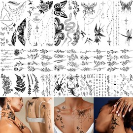 Casciybo 200+PCS Temporary Tattoos for Women, Waterproof Realistic Rose hummingbird necklace Tattoos Sketch Fake Tattoos for Women Body Art Arm Neck Hands Chest Neck Collarbone Spine Back