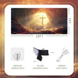 Easter Garage Door Cover 7x16ft Large Religious Easter Garage Door Decorations Resurrection of Jesus Banner Holy Lights Cross Garage Door Easter Cover Decoration for Outdoor Home Yard Wall Decor