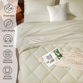 SunStyle Home Queen Comforter Sets, 7-Pieces Bed in a Bag with Comforter and Sheets, All Season Bedding Sets with Comforter, Flat Sheet, Fitted Sheet Pillow Shams and Pillowcases (Cream)