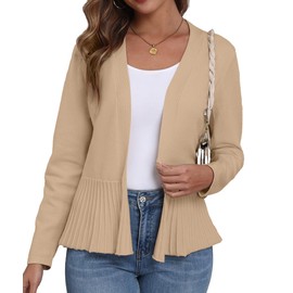 GRECERELLE Women's Cardigan with Pleated Hem Lightweight Long Sleeves Cardigan Women's Short Elegant Casual Open Front Bolero Cover Up, khaki, L