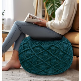 COTTON CRAFT Macrame Braided Pouf - Ottoman Footrest Bean Bag - Knitted Cotton Cord Comfortable Round Dori Pouf - Prefilled Stuffed Boho Moroccan Accent Seating - Nursery Bedroom Dorm - 20 x 14 - Teal