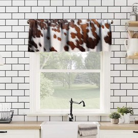 ZhiRain Cowhide Cow Print Valance Curtain Brown White Cowhide Farmhouse Animal Hair Skin Rod Pocket Valance Window Treatments 1 Panel Short Curtains for Kitchen Living Room 54 x 18 in