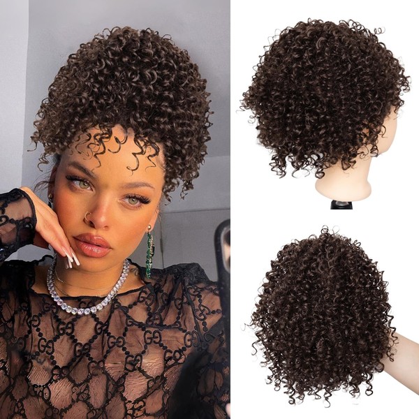 Jolelyne Dark Brown Short Curly Drawstring Ponytail Extension for Black
