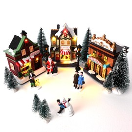 Valery Madelyn Pre-Lit Christmas Village Set House Decoration, Battery Operated Christmas Figurine Accessories Town Building Collection for Holiday Xmas DIY Tabletop (17 PCS)