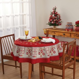 AdonisUSA Christmas Tablecloth- Mid Century Style in Red and Gold Colors. (60 inch Round)