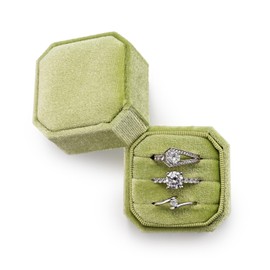 Oirlv Velvet 3 Slots Octagon Ring Box Triplae Ring Organiser Box for Proposal Engagement Wedding Valentine's Day(Light Green)