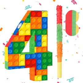 Lemicin Number 4 Building Blocks Piñata, Pinata Decor Girls Boys Blocks Theme Fiesta Carnival Games with Stick & Blindfold for 4th Birthday Party Supplies Anniversary Celebration (Number 4)