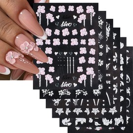 Flowers Embossed Nail Art Stickers, 5D Embossed Spring Summer Pink Cherry Blossom Exquisite Design Flower Nail Decals Nail Decorations White Flower Self-adhesive Nail Stickers for Women Girls 6 Sheets