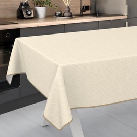 Tovaglia cerata, lavabile, effetto lino, facile da pulire, impermeabile, 160 x 140 cm (rettangolare), crema con orlo