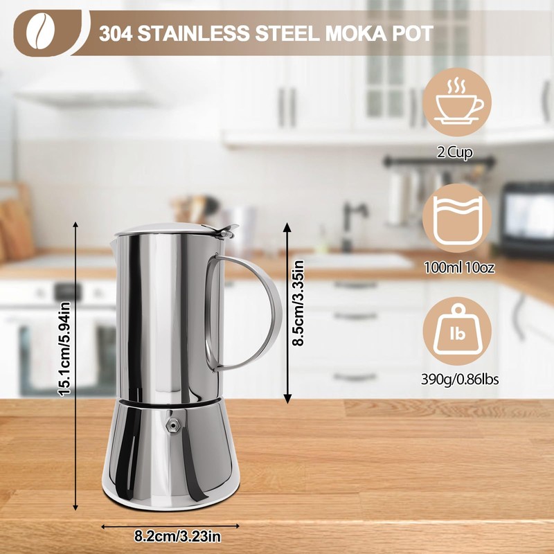 Uncoated 2 Cup Moka Pot 304 Thickened Stainless Steel Coffee