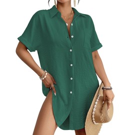 Bsubseach Women Swimsuit Coverup Shirt Dress Button Down Bathing Suit Cover Up Beachwear Dark Green XL