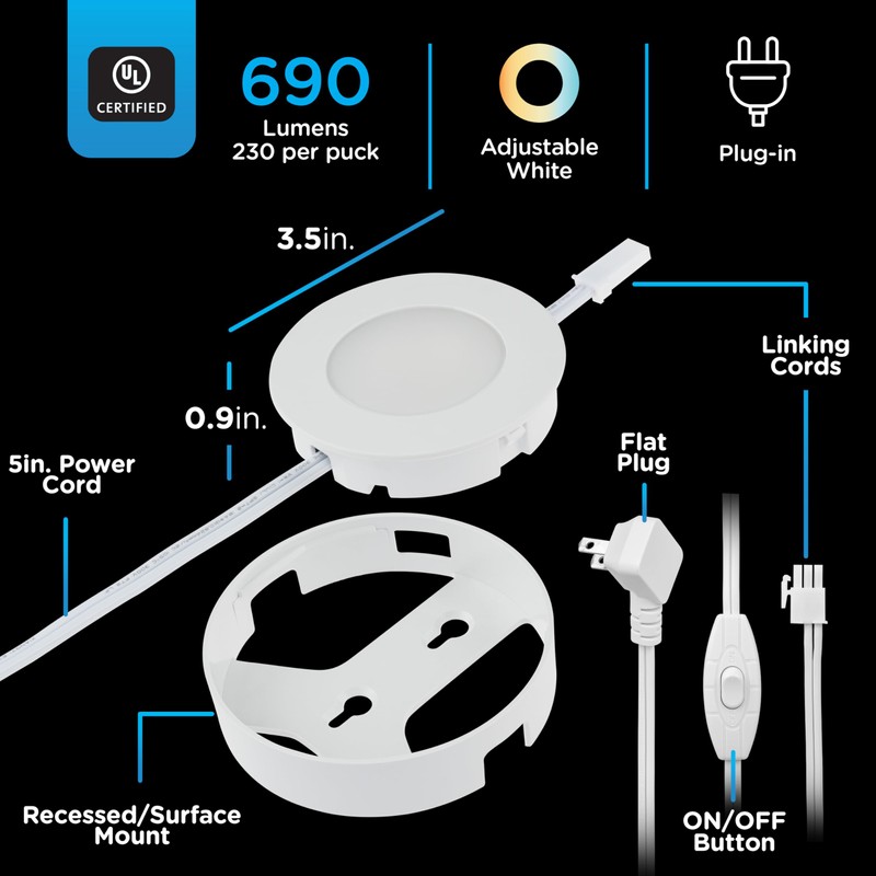 Enbrighten Recessed Surface LED Puck Lights, 3 Pucks, Under Cabinet