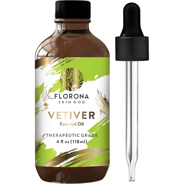Florona Vetiver Premium Quality Essential Oil - 4 fl oz, Therapeutic Grade for Hair, Skin, Diffuser Aromatherapy, Soap & Candle Making