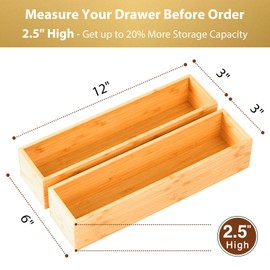 Umilife Bamboo Kitchen Drawer Organizer, Extra High Silverware Tray, Flatware Cutlery Storage Box, Multi-Use Holder in Office, Bathroom, Pantry - 12"x3"x2.5" (Set of 2)
