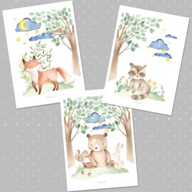 Sunnywall® Set of 3 posters forest animals good night children's room – A4 pictures baby room children's poster without picture frame – decorative girl boy (woodland forest animals good night, A4 (21 cm x 29.7 cm)