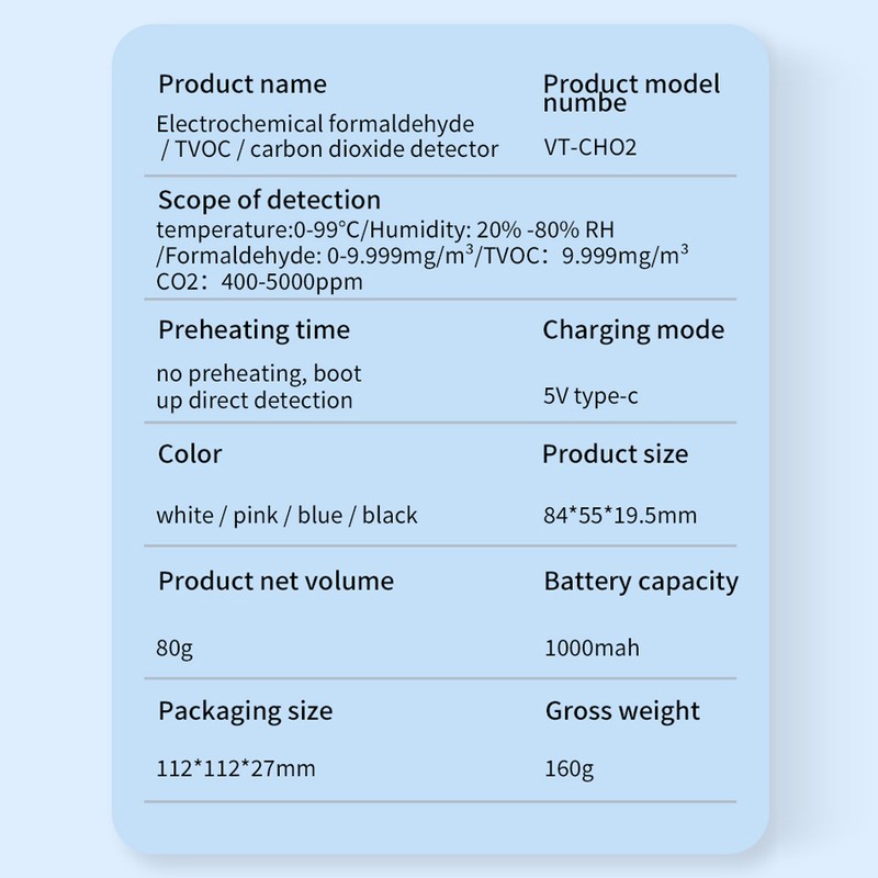Electrochemical Formaldehyde Sensor Air Quality Detector HCHO TVOC CO2 Tester