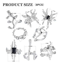 FloralGrace 8 Piece Y2K Rings Set, Vintage Silver Rings for Women, Waterproof Jewellery, Adjustable, for Aesthetic and Grunge Styles, Perfect for Stacking, L