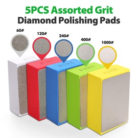 Diamond Hand Polishing Pads, 5PCS Diamond Sanding Pads 60/120/240/400/1000 Grit Sanding Block Foam Backing for Tile Glass Stone Marble Granite Ceramics Metal Wet&Dry (Plane)