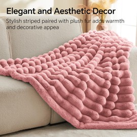 BEDELITE Faux Fur Throw Blanket for Couch, Soft and Cozy Luxurious 3D Striped Fluffy Blanket, 770GSM Thick Warm Plush Fuzzy Faux Rabbit Fur Blanket for Women Gift (Pink, 60"x 80")
