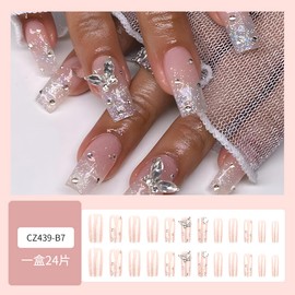 24Pcs Long Coffin Press on Nails Butterfly Fake Nails with Silver Glitter Rhinestones Designs White Gradient False Nails Cute Full Cover Artificial Glue on Nails Pink Stick on Nails for Women DIY Kit