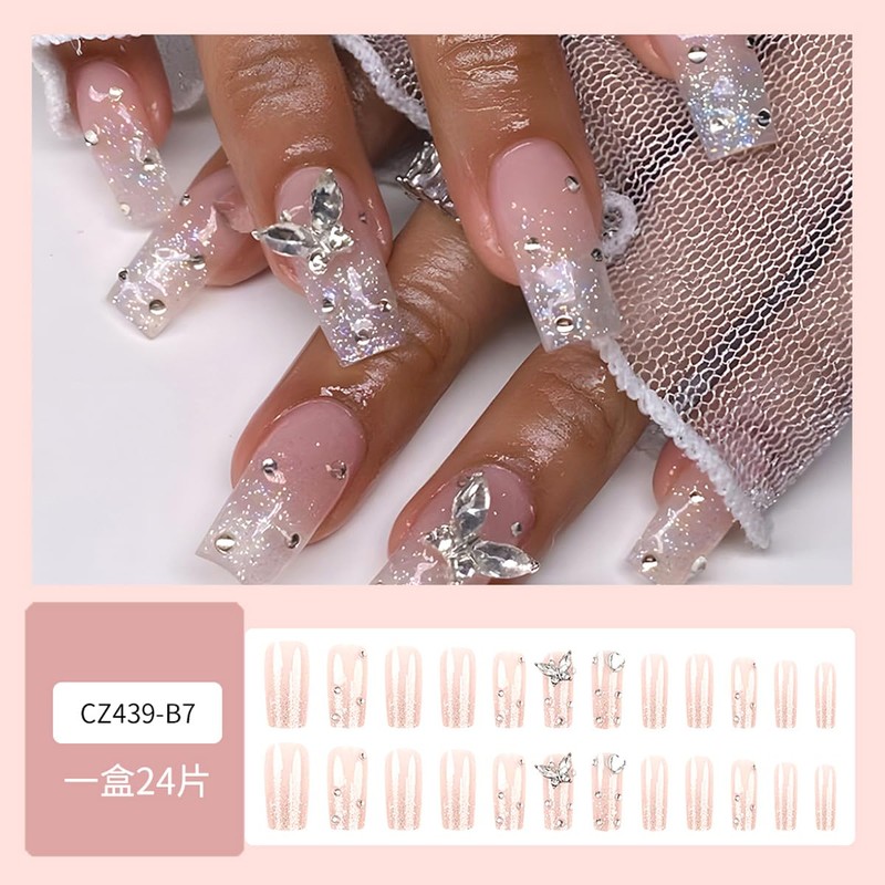 24Pcs Long Coffin Press on Nails Butterfly Fake Nails with