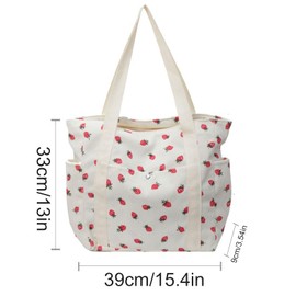 Aikelai Women's Large Corduroy Bag, Strawberry Shopper Bag, Shoulder Bag, Shopping Bags with Zip, Work Bag, Women's Corduroy Bag, Handbag, White