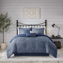 Madison Park Walter Comforter-Luxe Seersucker Print Design All Season Down Alternative Bedding, Matching Shams, Bedskirt, Decorative Pillows, King (104 in x 92 in), Navy