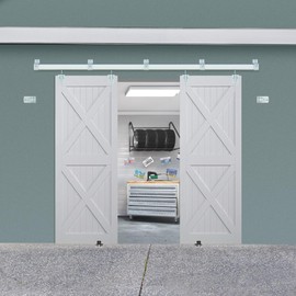 Exterior Barn Door Hardware Kit, BARNSMITH 8FT Sliding Barn Door Hardware Heavy Duty Doors Track Kit for Double Doors Use, Wall Mount, Silver (Hardware Only)