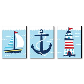 Big Dot of Happiness Lighthouse, Sailboat and Anchor - Boy Nursery Wall Art and Nautical Kids Room Decor - 7.5 x 10 inches - Set of 3 Prints